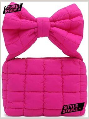 Small Quilted Puffer Hobo Handbag with Bow, Top Handle Clutch